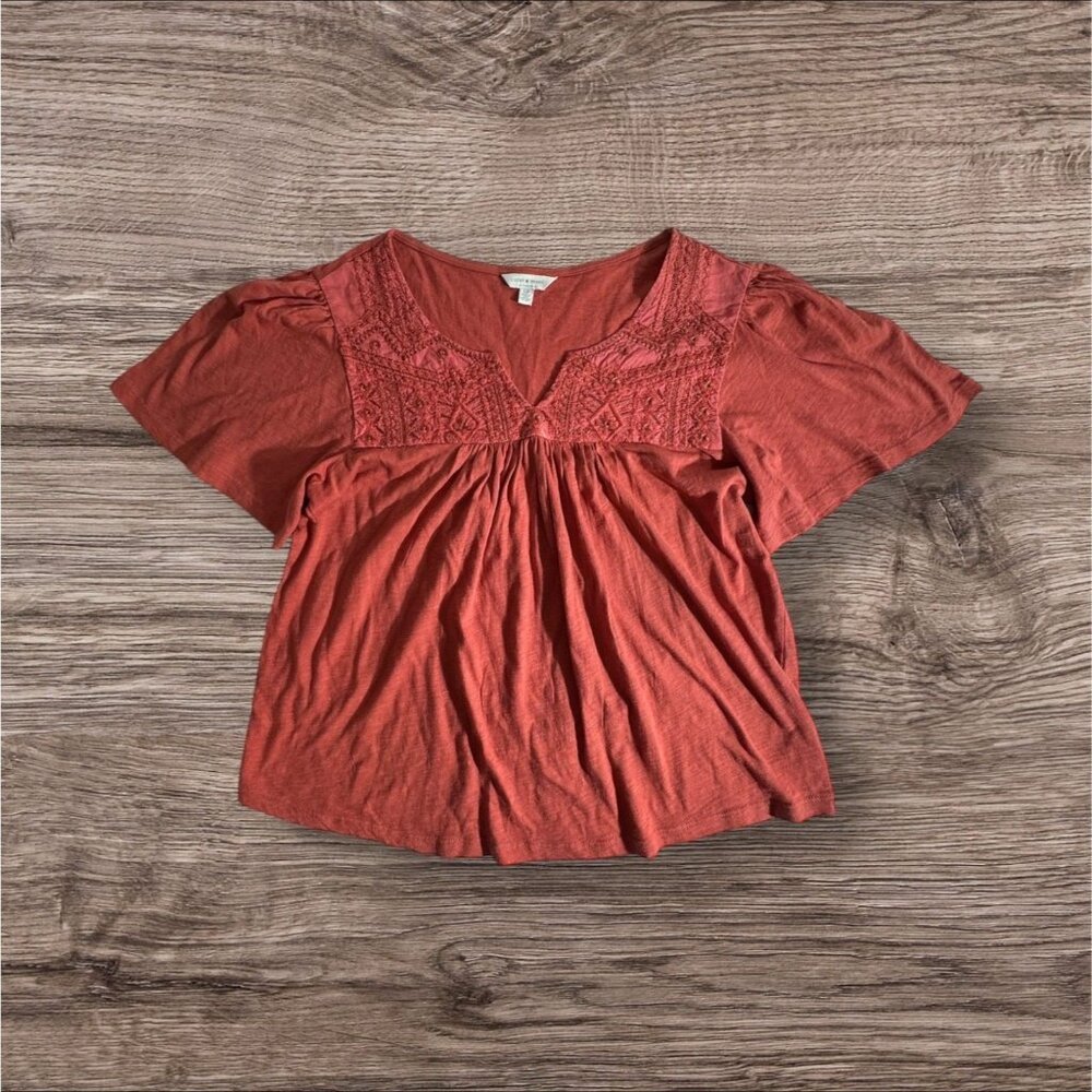 Lucky Brand Boho Orange Flowy Short Sleeve Blouse Top Small